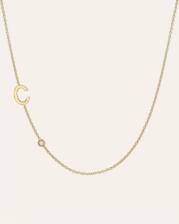 14k Gold Asymmetrical Initial and Bezel Diamond Necklace | Zoe Lev Jewelry