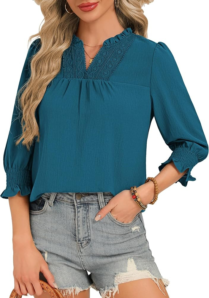 Funlingo Blouses for Women Dressy Casual 3/4 Length Sleeve Tops Ruffle V Neck Lace Shirt with Smo... | Amazon (US)