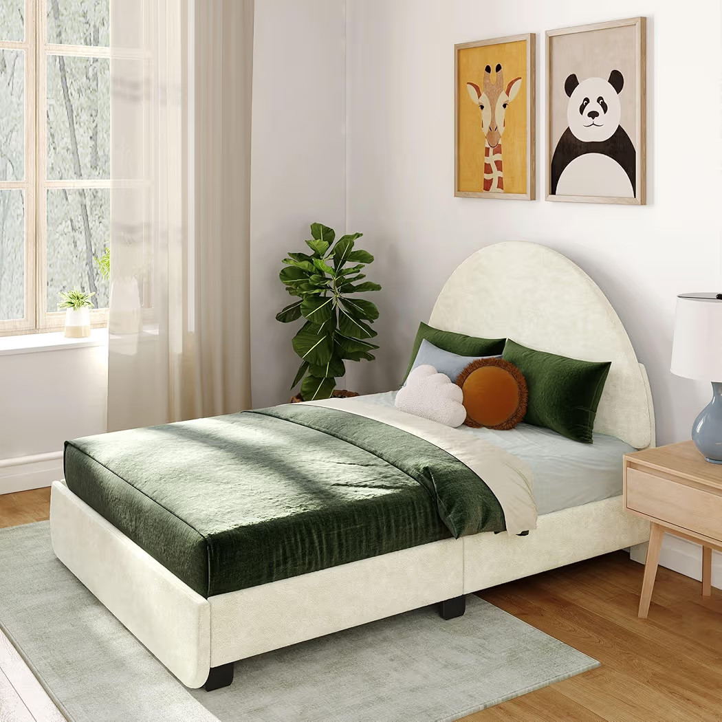 Max & Lily Upholstered Full Bed Frame, Cream | Amazon (US)