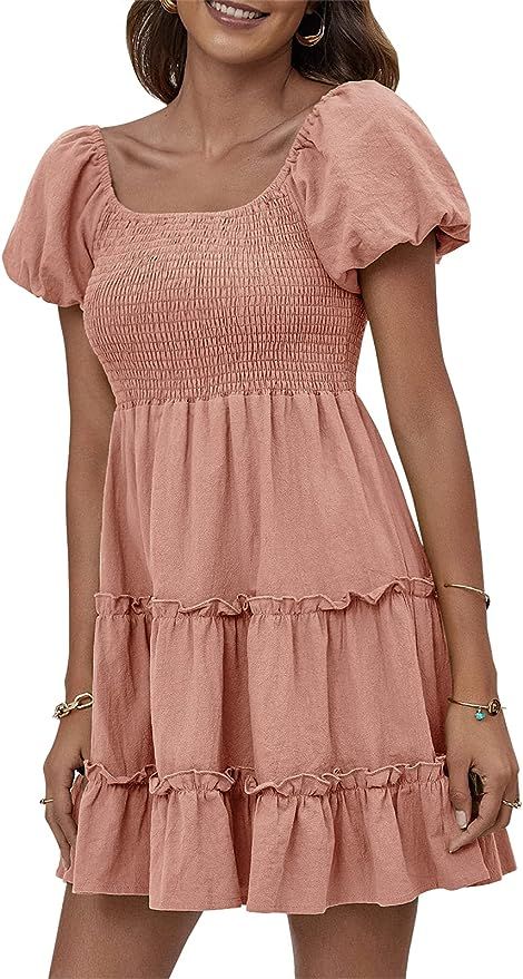 Chellysun Womens Short Sleeve Dress Backless Square Collar Ruffle Hem Pleated Loose Summer Dresse... | Amazon (US)
