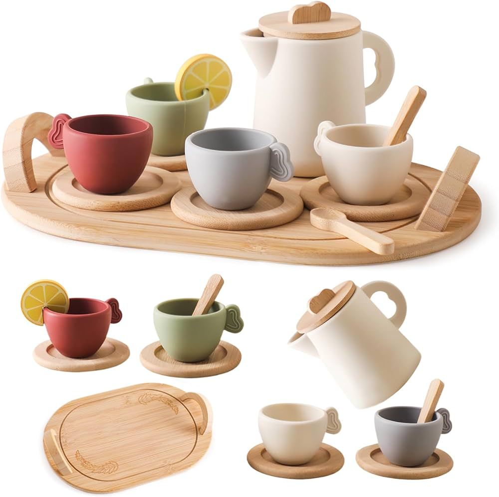 Tea Party Set for Kids, Wooden Tea Set for Little Girls and Boys, Kids Play Kitchen Accessories T... | Amazon (US)