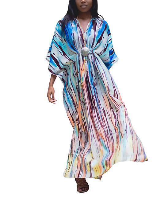 winlar Women's Maxi Dresses MULTI - Pink & Blue Abstract Stripe V-Neck Caftan - Women | Zulily
