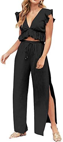 FANCYINN Womens 2 Pieces Outfits Deep V Neck Crop Top Side Slit Drawstring Wide Leg Pants Set Jum... | Amazon (US)