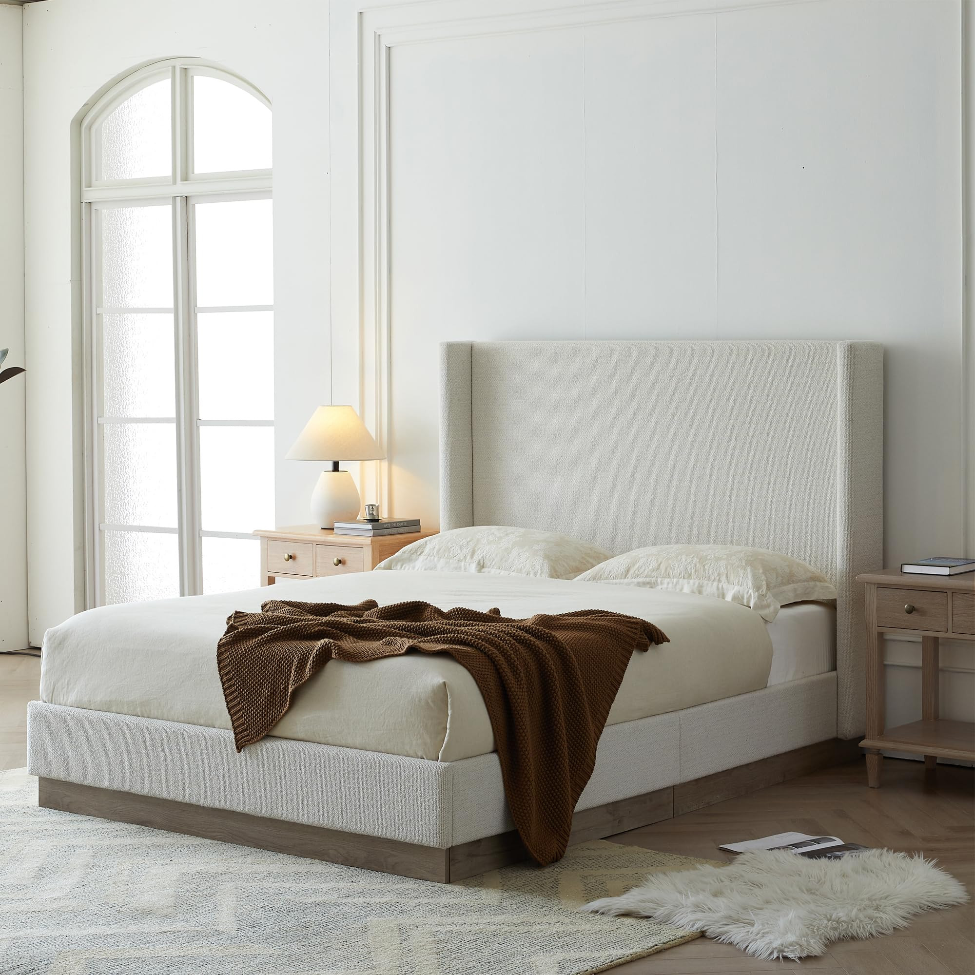 53" High Headboard Wingback Bed Frame King - Luxury Cream White Boucle Fabric Upholstered Platfor... | Amazon (US)