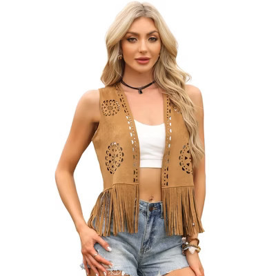 INSPIRE CHIC Women's Faux Suede Tassel Sleeveless Open Front Hollow out Western Fringe Cardigan Small Brown | Target
