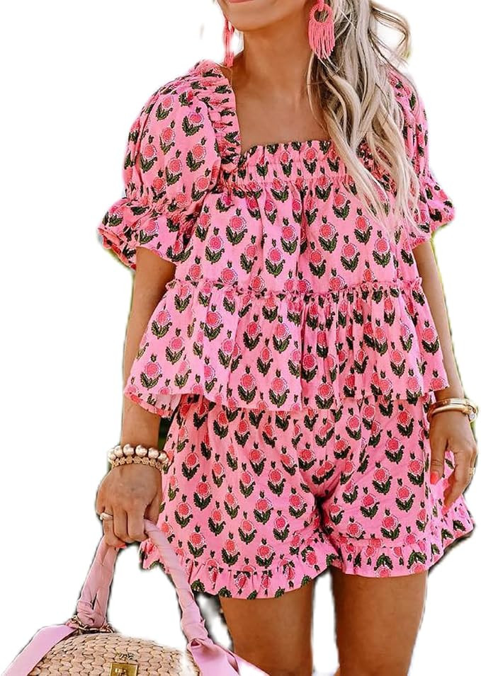 ROAONOCOMO Women Floral Pajama Set Ruffle Puff Sleeve Peplum Shirt Coquette Pj Set Bow Babydoll 2... | Amazon (US)