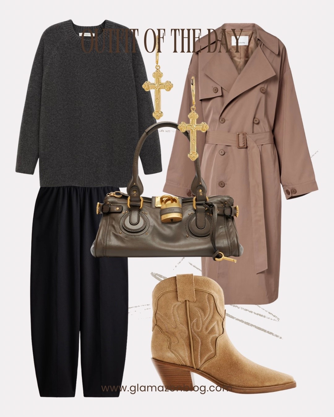 Chic outfit, cool outfit, suede boots, Chloe bag, cross earrings, grey jumper, balloon trousers 

#LTKuk #LTKfestive #LTKwinter