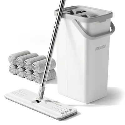 JOYMOOP Flat Squeeze Mop and Bucket Set, with 50" Mop Handle and 8 Grey Mricrofiber Pads | Wayfair North America