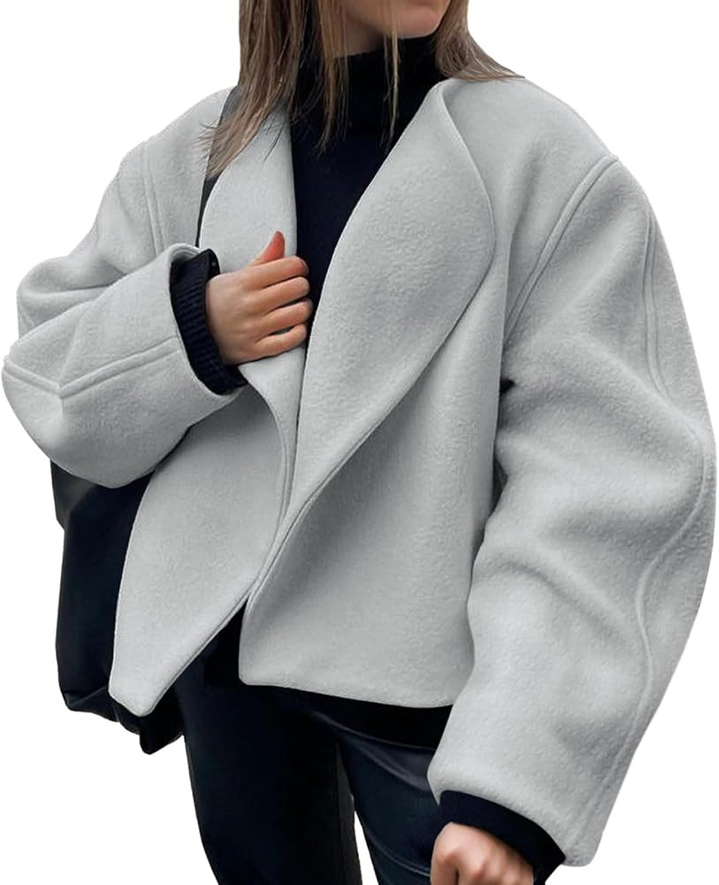 Tankaneo Womens Oversized Cropped Pea Coat Lapel Open Front Jacket Winter Short Outerwear | Amazon (US)