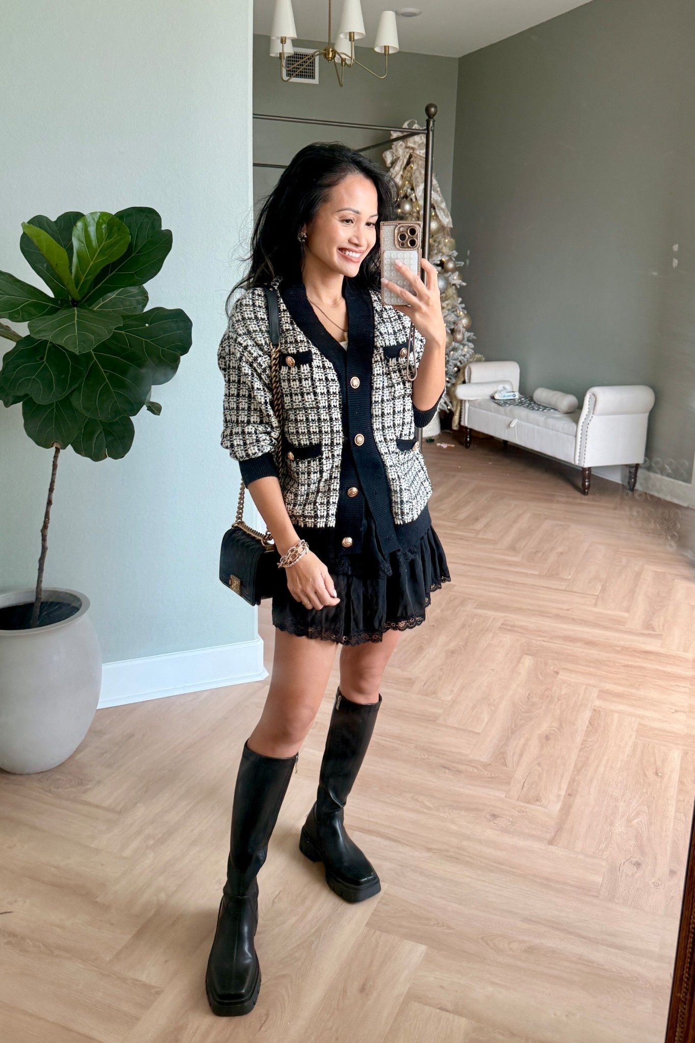 Museum outfit. Black boots and tweed houndstooth cardigann

#LTKgrwm #LTKPetite #LTKSaleAlert