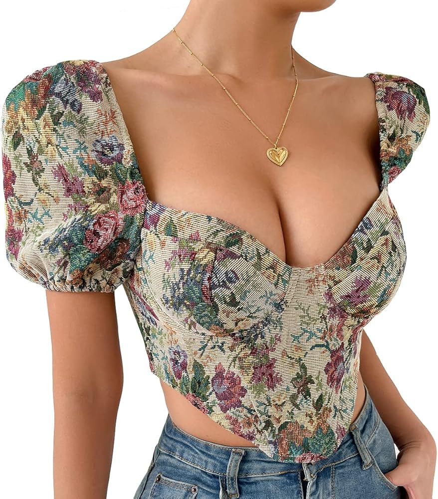 Women's Floral Embroidered Puff Sleeve Tops Slim Fit Corset Crop Top Sexy Bustier Tank Top T-Shir... | Amazon (US)
