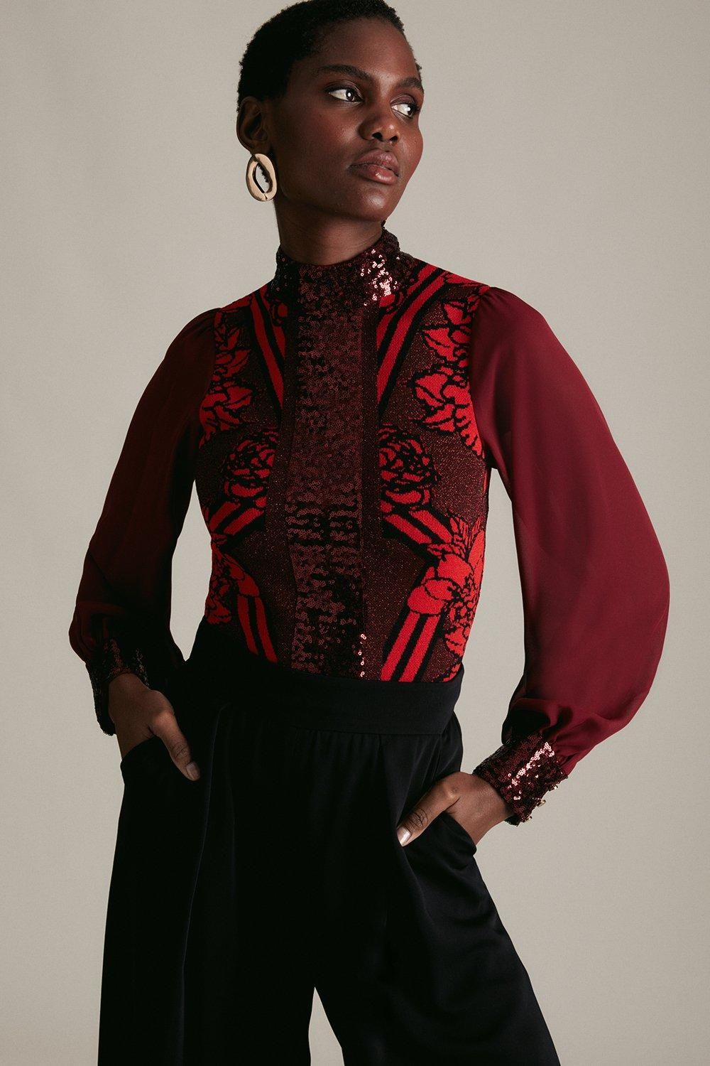 Sequin Front Knit Georgette Sleeve Top | Karen Millen UK & IE