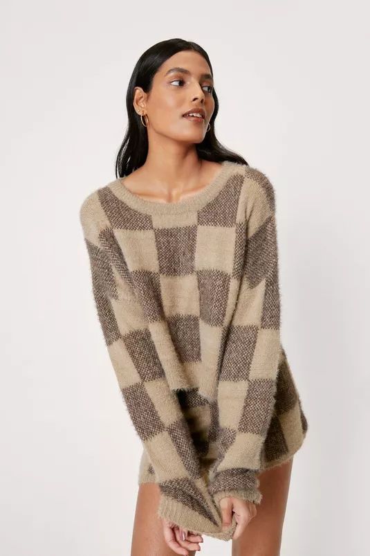 Fluffy Knit Checkerboard Jumper and Shorts Lounge Set | Nasty Gal (US)