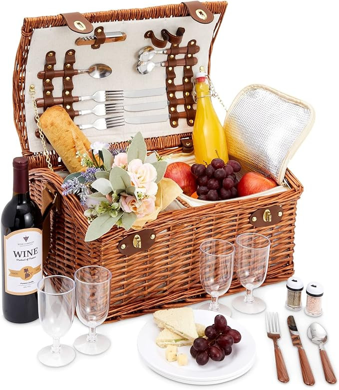 Juvale Wicker Picnic Basket for 4 with Utensils, Glasses, and Insulated Cooler Bag - Camping and ... | Amazon (US)