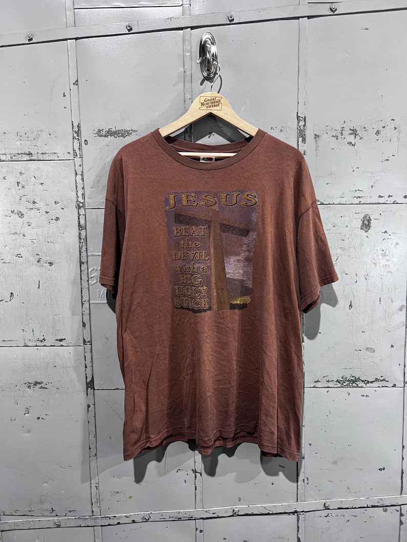 Size Xl 1990s Jesus Beat the Devil With a Big Stick Brown Graphic T Shirt - Etsy | Etsy (US)
