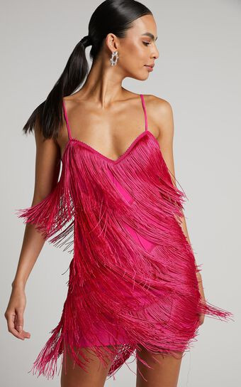 Siofra Mini Dress - Zig Zag Fringe Dress in Hot Pink | Showpo (US, UK & Europe)