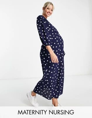 ASOS DESIGN Maternity nursing wrap midi dress in navy spot | ASOS (Global)