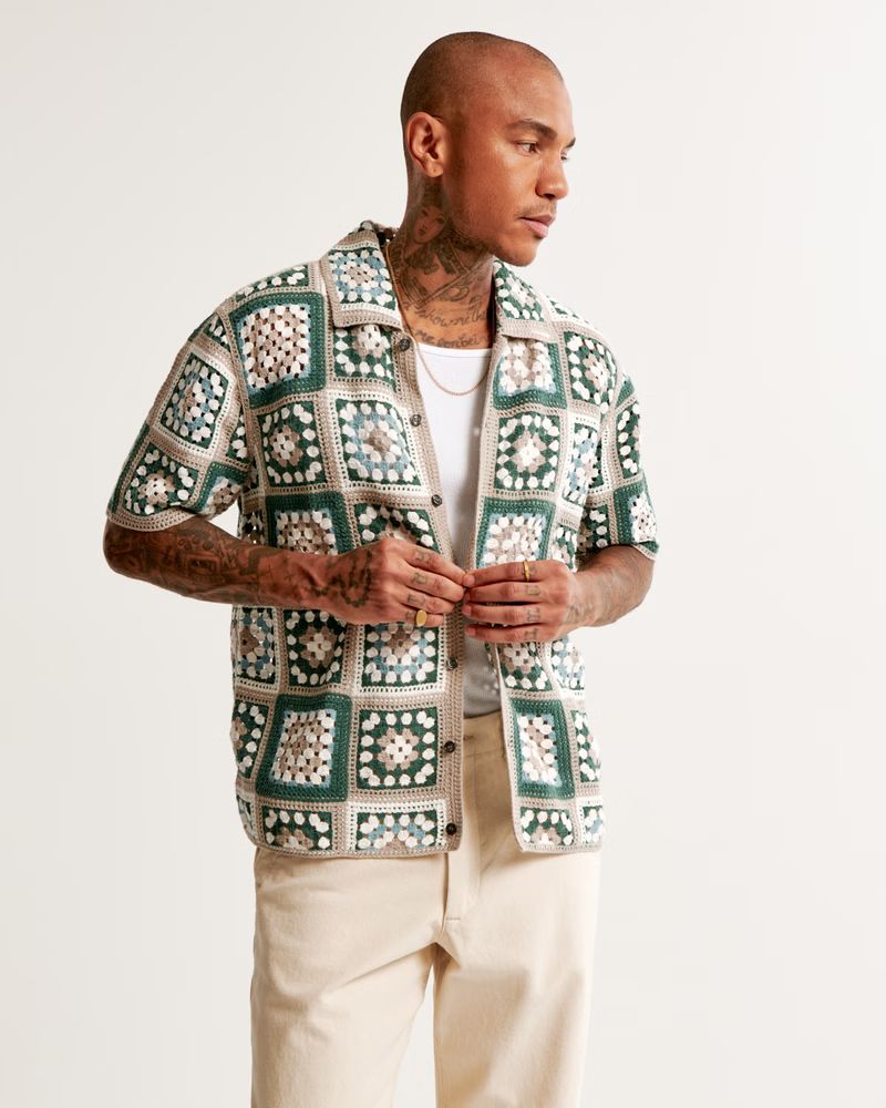 Men's Crochet-Style Pattern Button-Through Sweater Polo | Men's | Abercrombie.com | Abercrombie & Fitch (US)