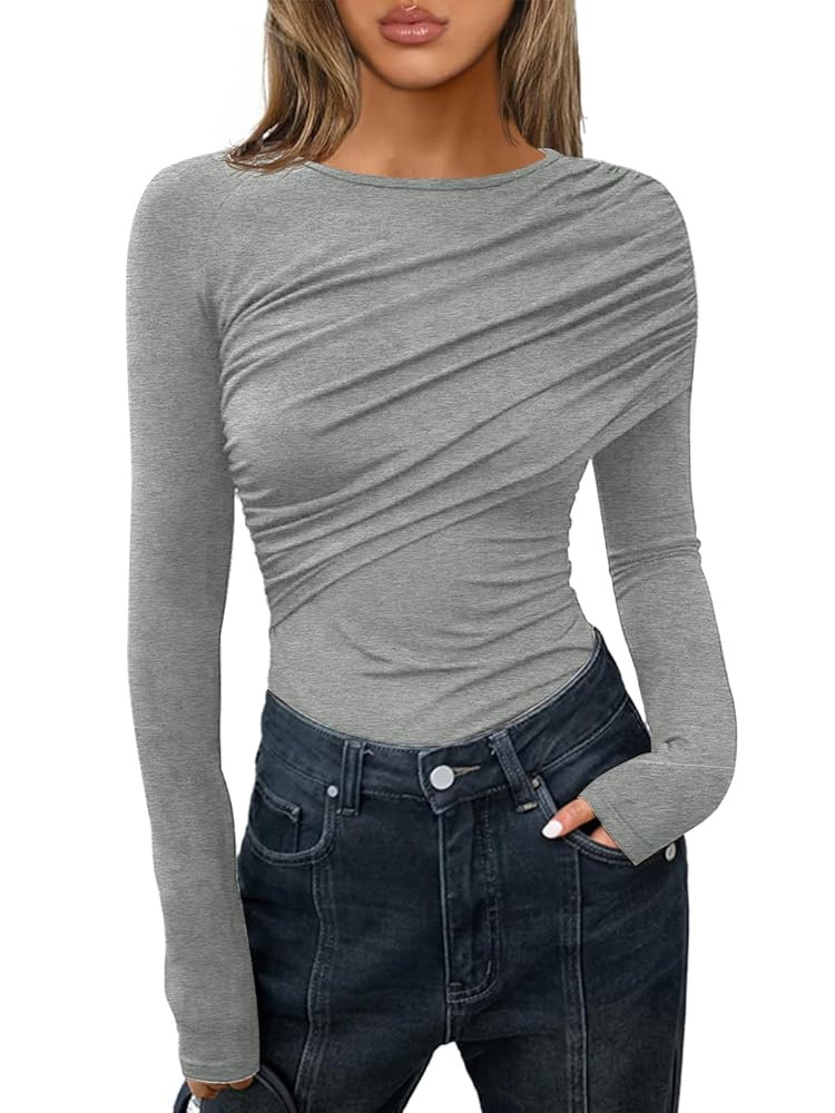 Cicy Bell Womens Long Sleeve Pleated Tops Fall Crew Neck Fitted Shirts Y2k Going Out Casual Ruche... | Amazon (US)