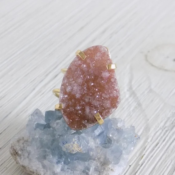 Red Druzy Ring Gold Adjustable - Large Raw Crystal Ring - Boho Statement Jewelry - Christmas Gift... | Etsy (US)