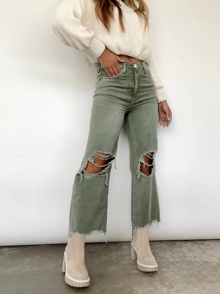 Army Green Crop Flare Denim | Lane 201 Boutique