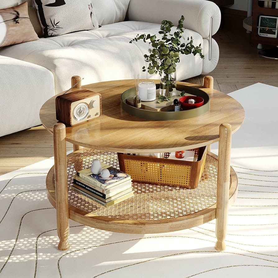 Solid Wood Round Coffee Table, 32 Inch 2-Tier Living Room Center Table with Woven Rattan Shelf, M... | Amazon (US)