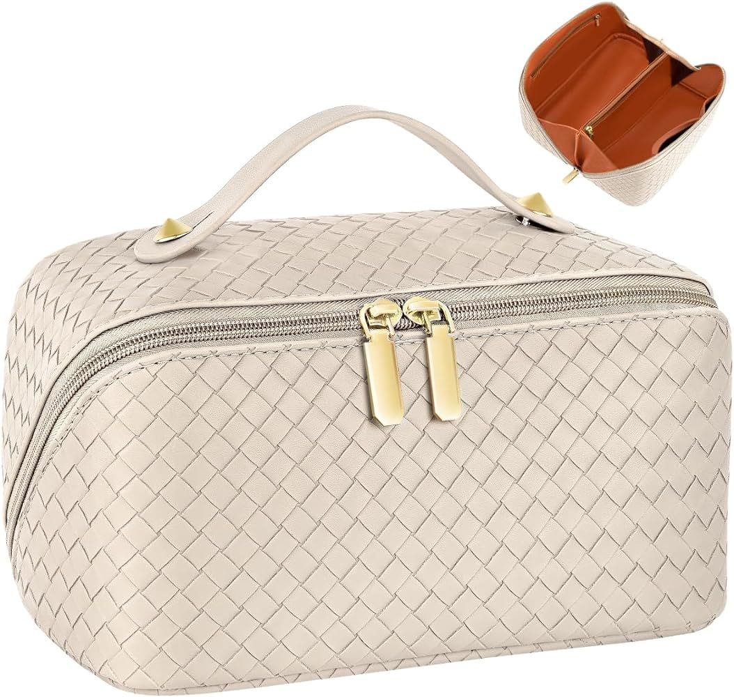 TEUEN Large Capacity Travel Cosmetic Bag, Lay Flat Makeup Bag, PU Leather Lining Waterproof Porta... | Amazon (CA)