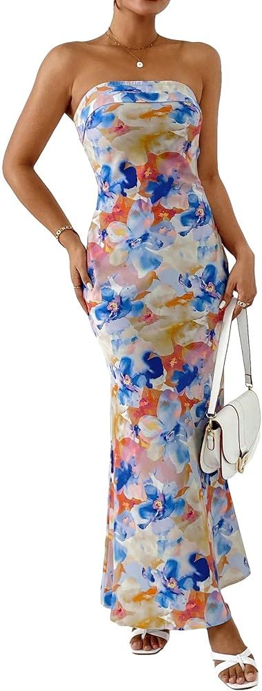 Milumia Women's Floral Backless Long Tube Dress Strapless Cut Out Flared Hem Maxi Dresses | Amazon (US)