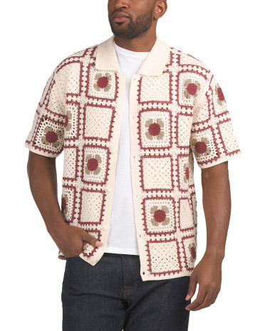 Short Sleeve Button Up Square Combo Crochet Knit Top for Men | Cotton/Acrylic | Marshalls