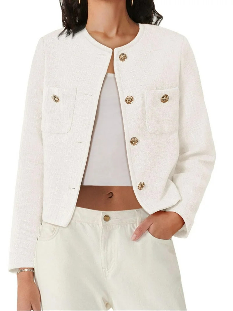 Long Sleeve Women's Tweed Jackets Business Button Down Casual Cropped Blazer with Pockets | Walmart (US)