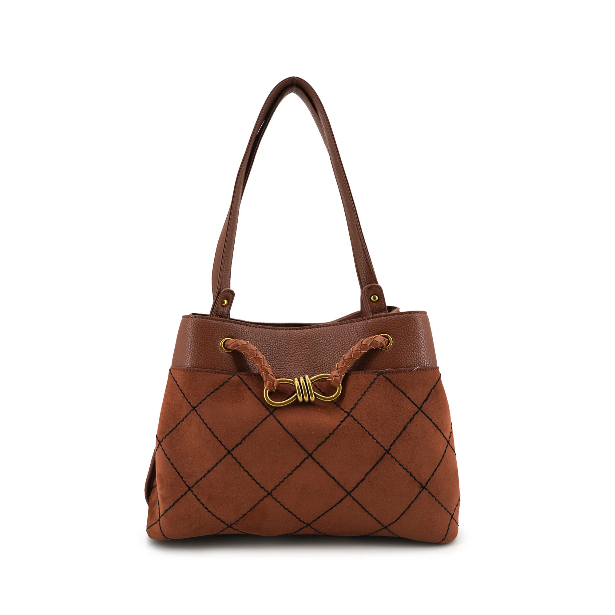Like Dreams Velvet Knot Quilted Shoulder Tote - Vegan Leather & Suede, Gold Bow, Brown | Walmart (US)