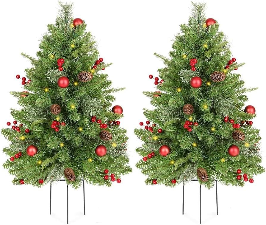 KING BIRD 2 Set 30 Inch Outdoor Christmas Tree, Pre-Lit LED Christmas Porch Decorations Outdoor T... | Amazon (US)