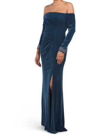Velvet Off The Shoulder Gown With Beaded Cuffs | TJ Maxx