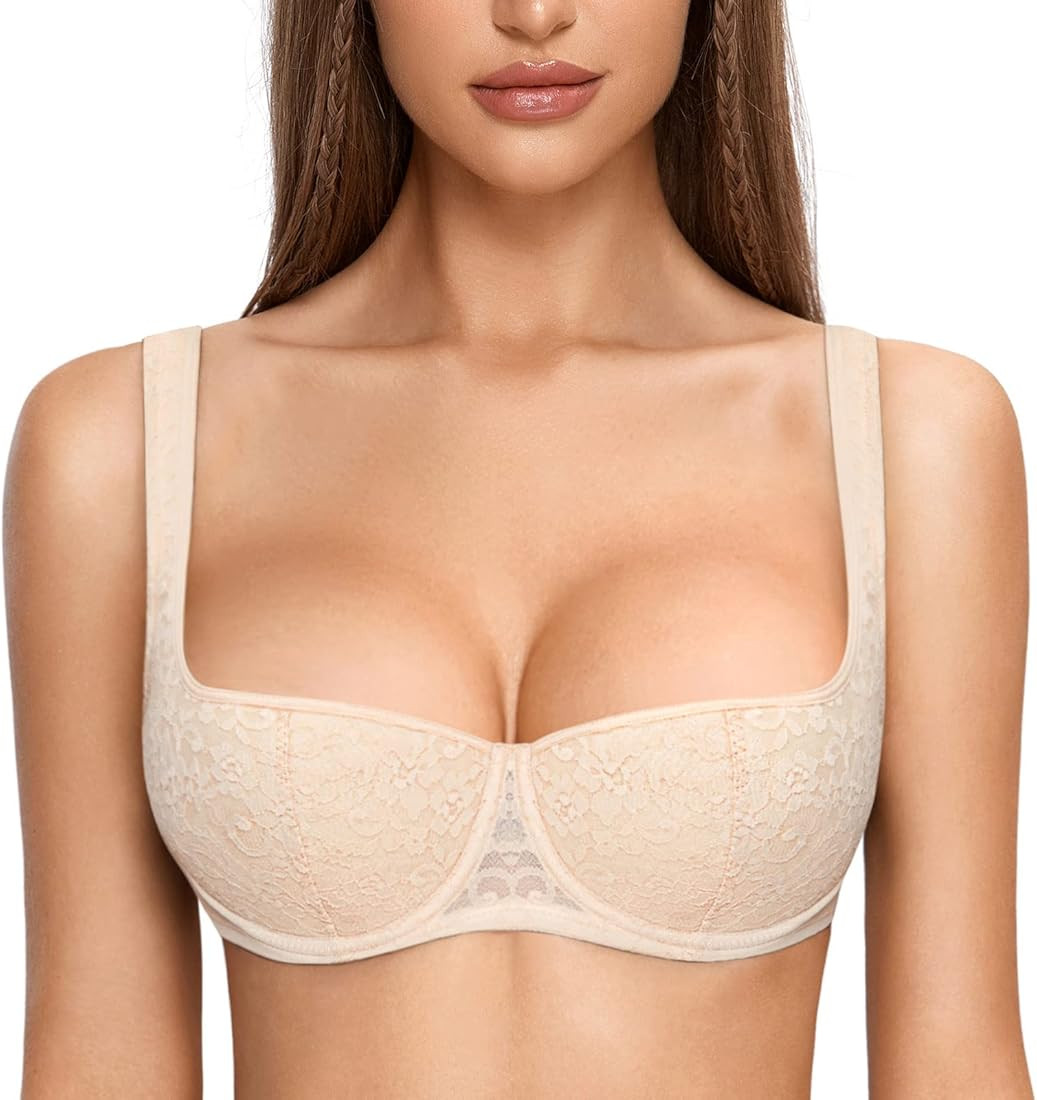 DOBREVA Women's Balconette Bra Sexy Lace Demi Underwire Shelf Plus Size Lightly Padded Wide Strap... | Amazon (US)