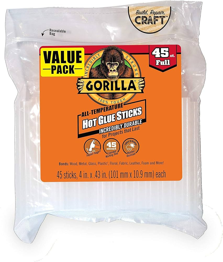 Gorilla Hot Glue Sticks, Full Size, 4" Long x .43" Diameter, 45 Count, Clear, (Pack of 1) | Amazon (US)