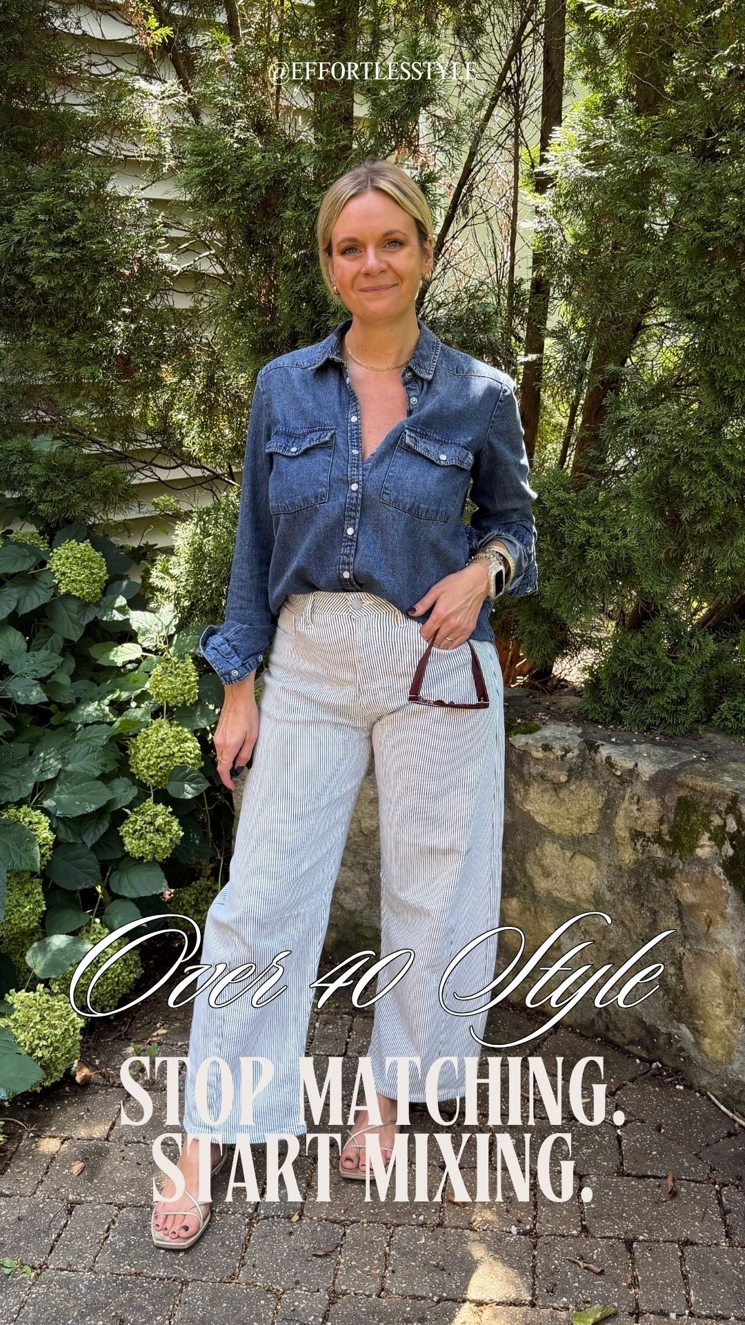 OOTD ✨ Chambray button down + striped barrel jeans + gold metallic sandals + bracelet stack. All from my own closet — linked the closest versions I could find. Everything shoppable below! 👇

#LTKdayinmylife #LTKootd #LTKOver40