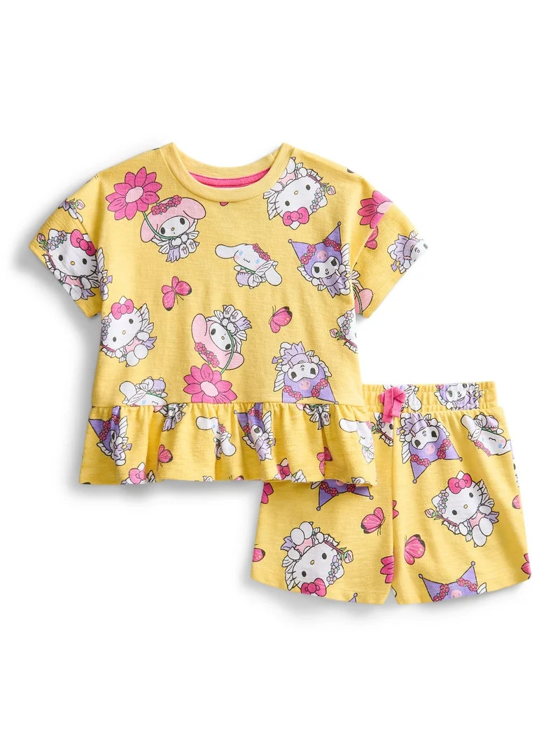 Hello Kitty and Friends Toddler Girls Short Sleeve Graphic Tee and Matching Ruffle Shorts Set, 2-... | Walmart (US)