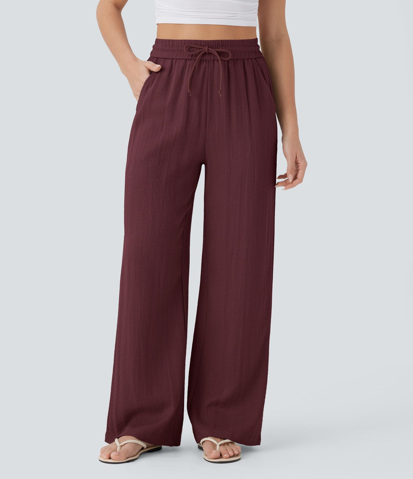 High Waisted Drawstring Pocket Wide Leg Baggy Casual Linen-Feel Pants | HALARA
