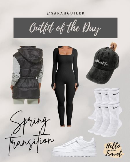 Amazon jumpsuit. Activewear. Athleisure. Travel outfit. Vacation airport outfit. Mom fit. Puffer vest. Spring outfit. Spring transition outfit. Workout jumpsuit. Nike. 

#LTKtravel #LTKstyletip