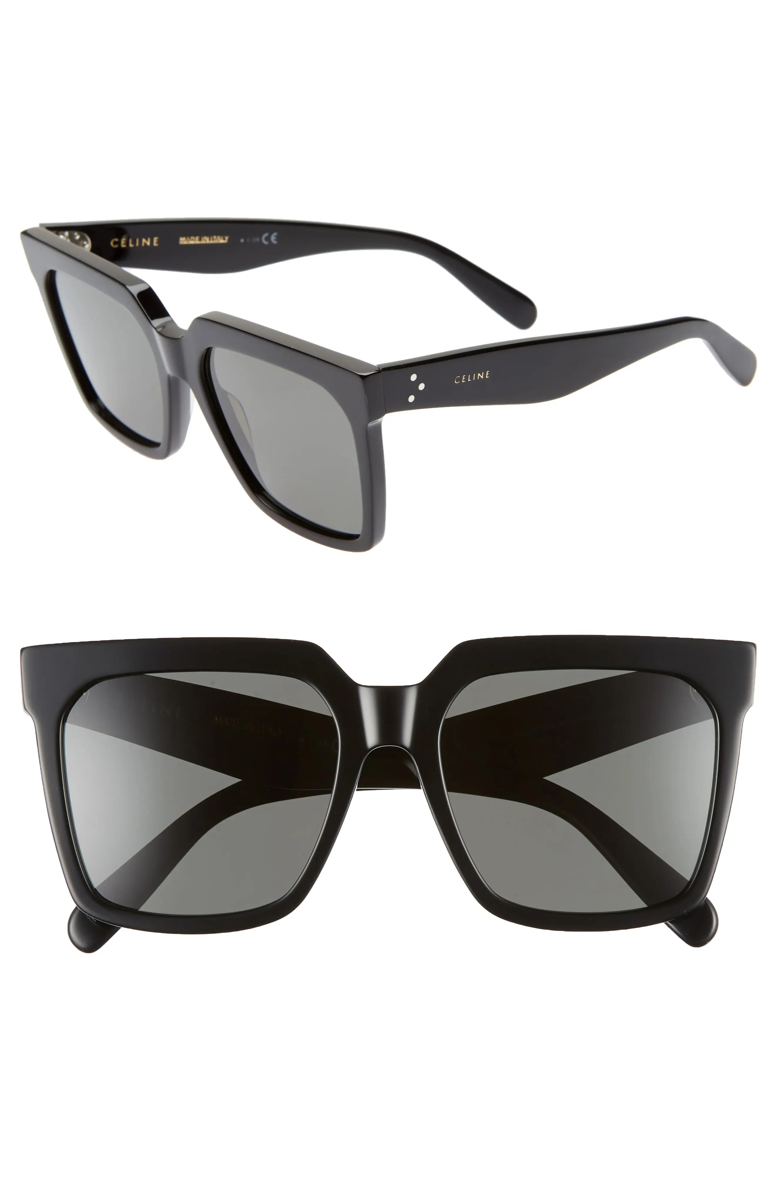 CELINE 55mm Polarized Square Sunglasses in Shiny Black/Smoke at Nordstrom | Nordstrom