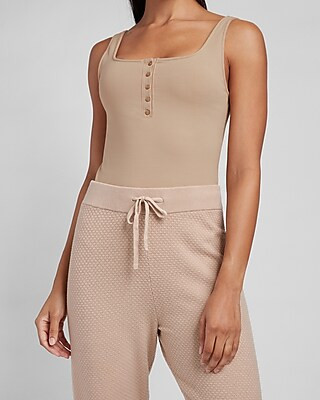 Fitted Sleeveless Henley Thong Bodysuit | Express