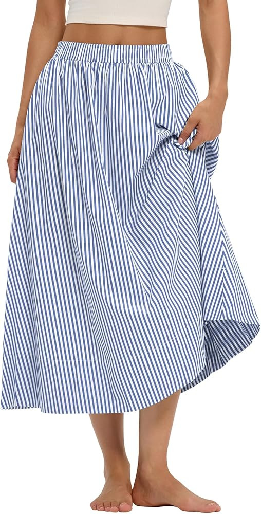 LOMON Midi Skirts for Women A-Line Cotton Flowy Maxi Skirt Boho Summer Beach Casual Elastic Waist... | Amazon (US)