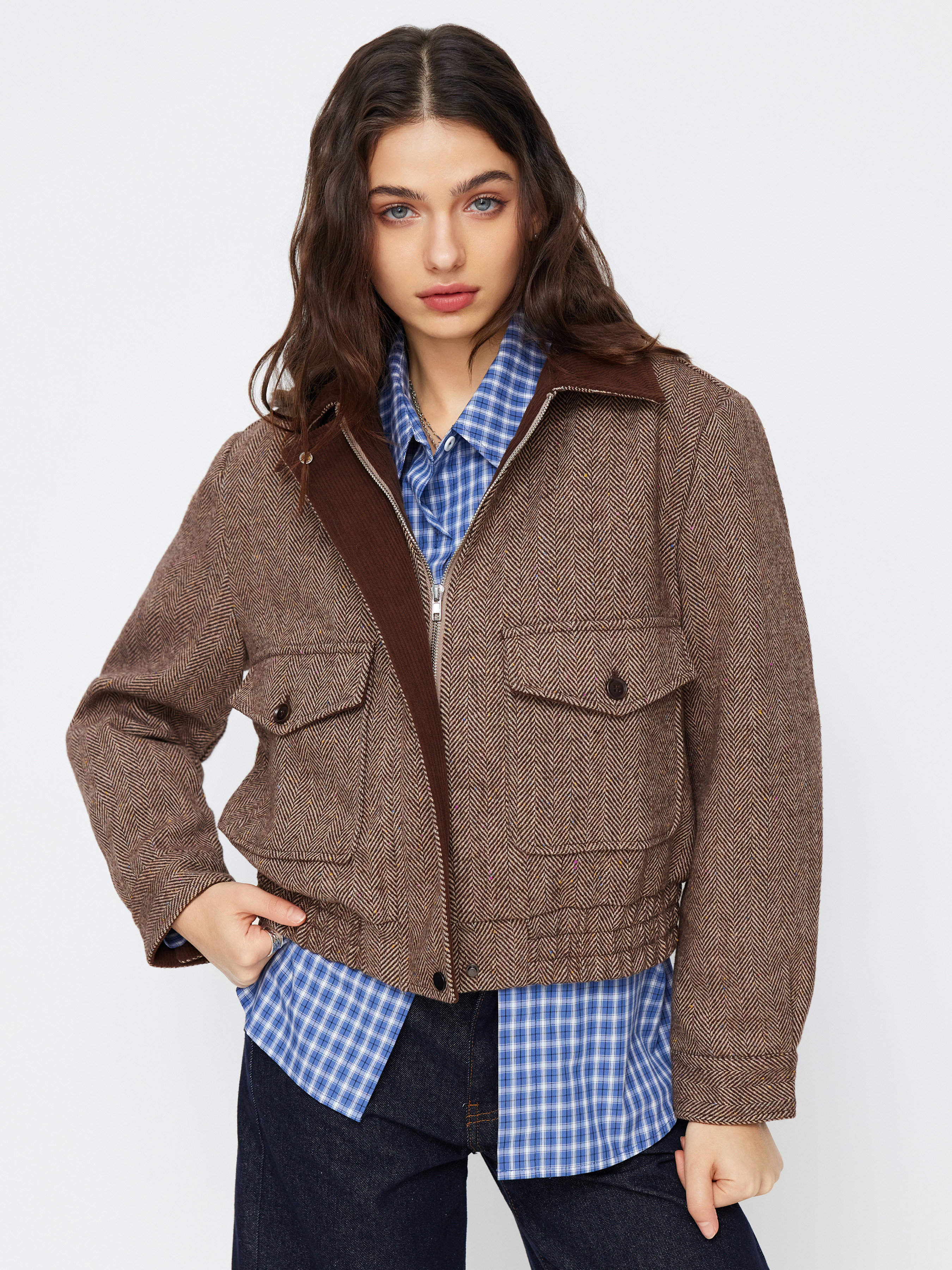 Wool-like fabrics Wool-look Collar Zip Through Oversized Jacket For Work | Cider