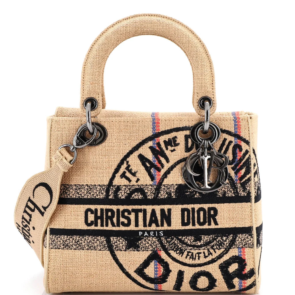 Christian Dior Lady D-Lite Bag Embroidered Jute Canvas Medium Brown 3950261 | Rebag