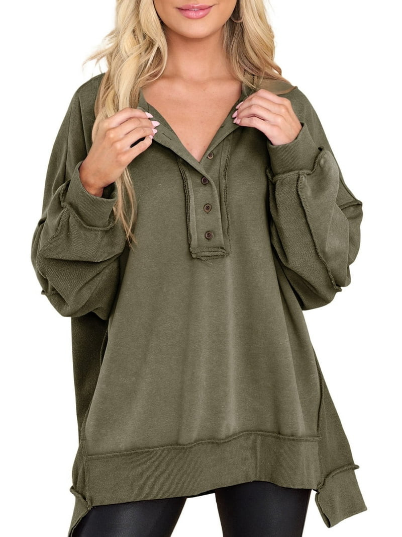 SHEWIN Sweatshirts for Women Half Button Oversized Pullover Sweatshirt Casual V Neck Fall Lightwe... | Walmart (US)
