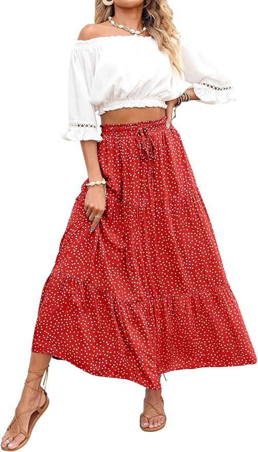 ZESICA Women's 2024 Bohemian Floral Printed Elastic Waist A Line Maxi Skirt with Pockets | Amazon (US)