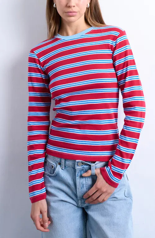 Topshop Everyday Stripe Long Sleeve Cotton T-Shirt in Red at Nordstrom, Size X-Small | Nordstrom