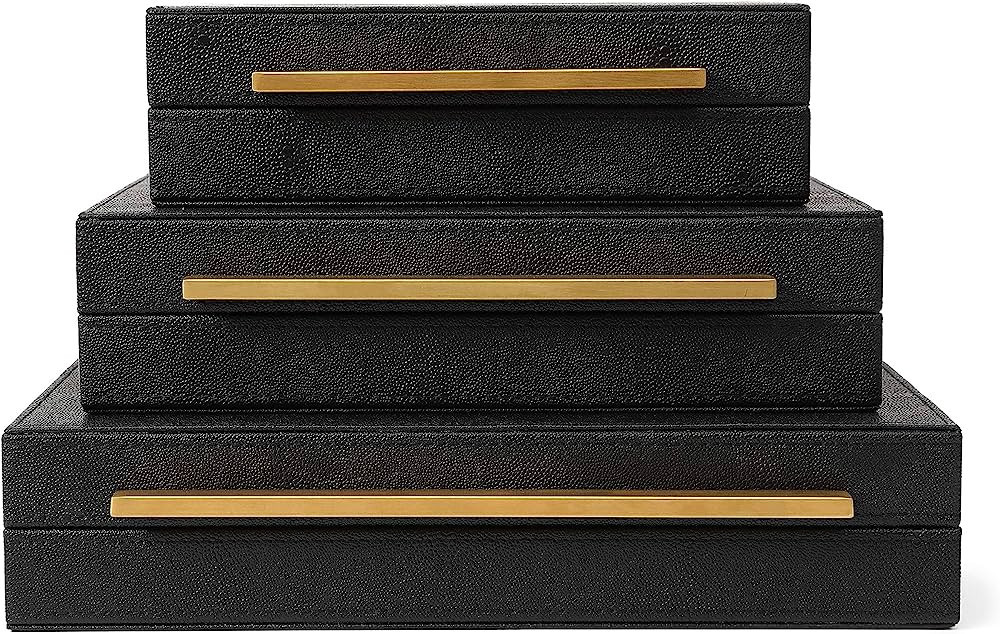 Kingflux Faux Black Shagreen Leather Set of 3 Pcs Decorative Boxes, Storage Boxes Jewelry Organiz... | Amazon (US)