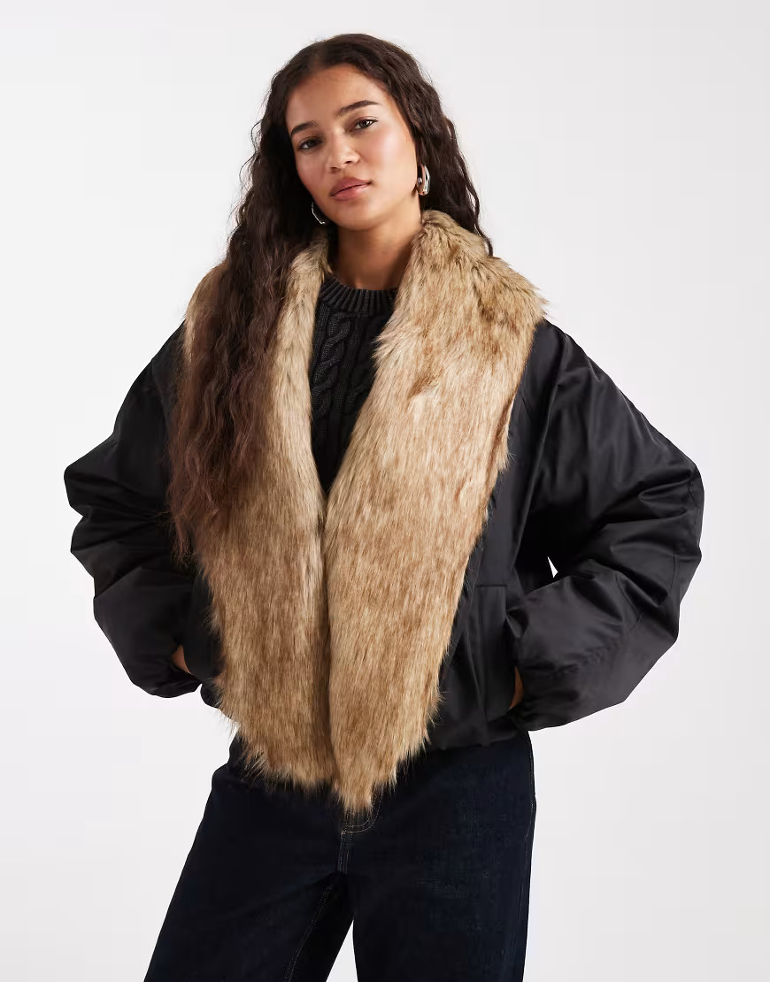 Miss Selfridge faux fur extreme collar crop puffer in black | ASOS (Global)
