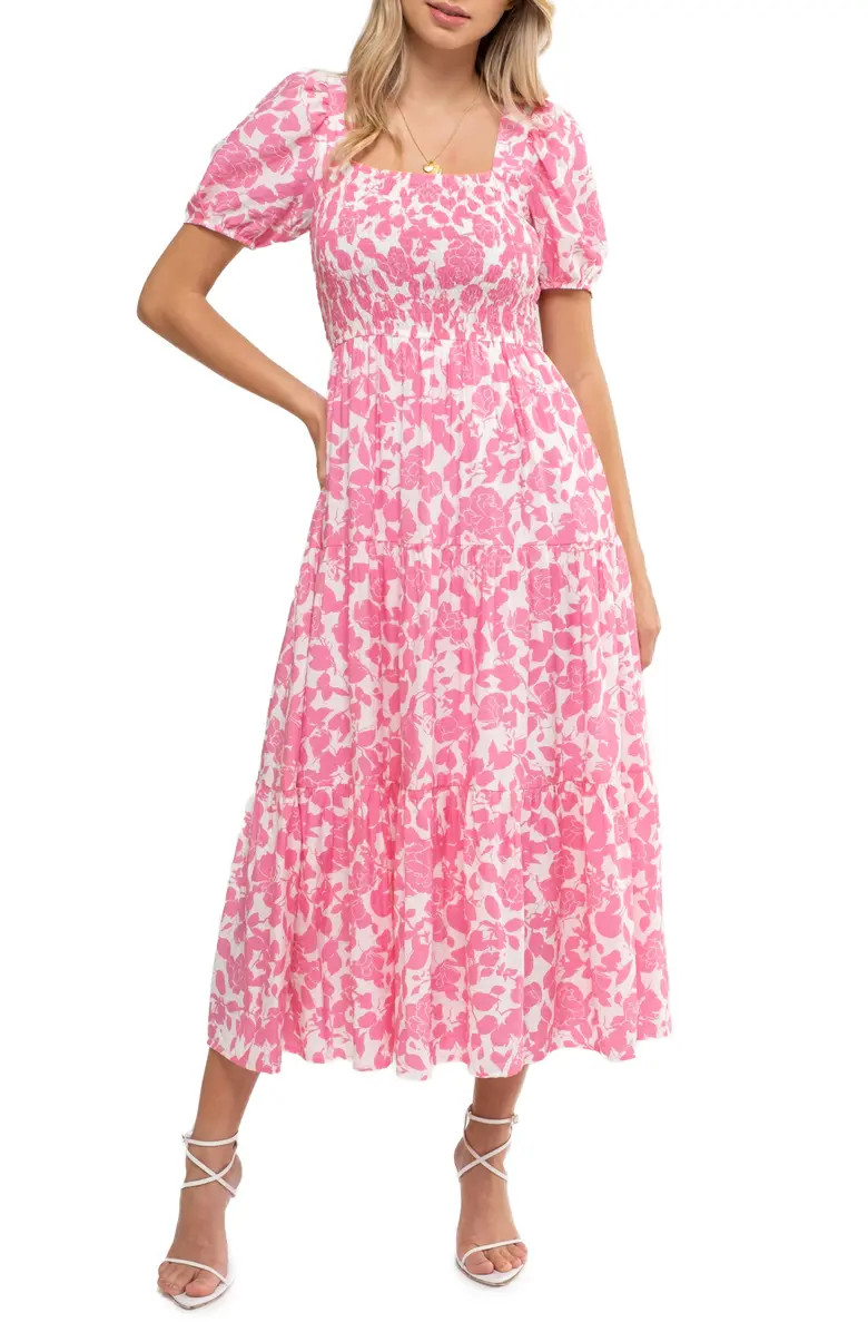 Floral Puff Sleeve Smocked Midi Dress | Nordstrom Rack